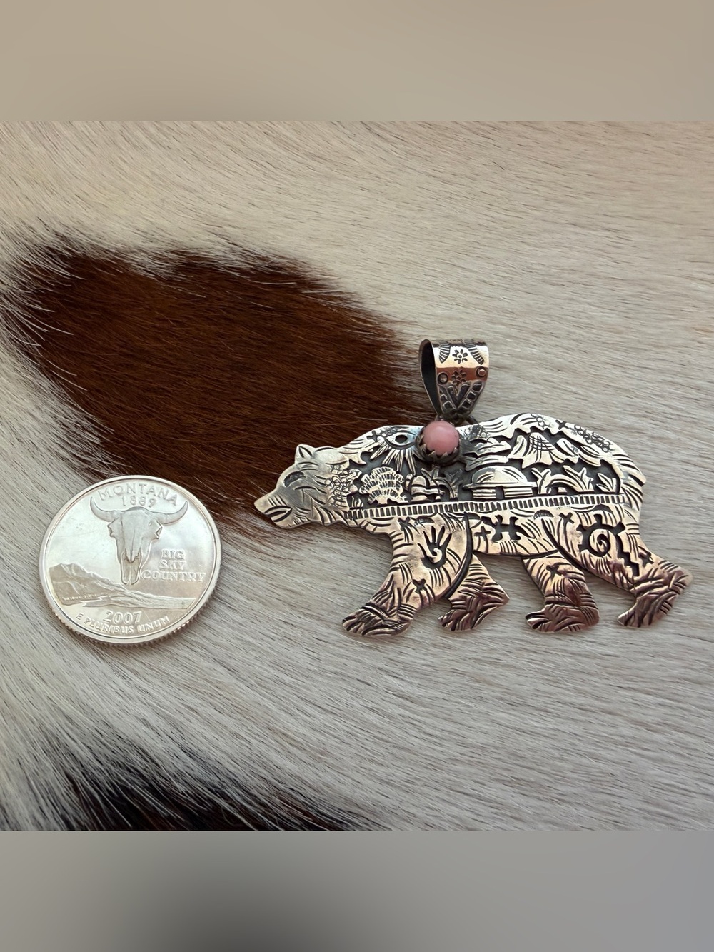 ❤️ Queen Pink Conch Sterling Hand Stamped Statement WALKING BEAR Pendant 2.35”W - Picture 6 of 14